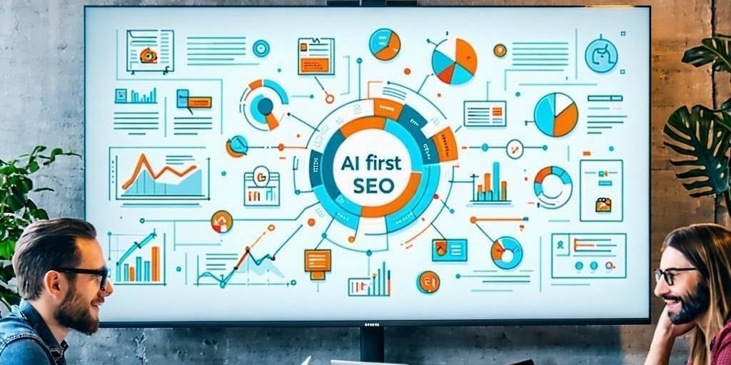 The image depicts a modern digital workspace filled with vibrant colors and sleek technology On a large screen a visually engaging infographic illustrates the concept of AIFirst SEO with key points highlighted in bold text Various icons representing-1-1